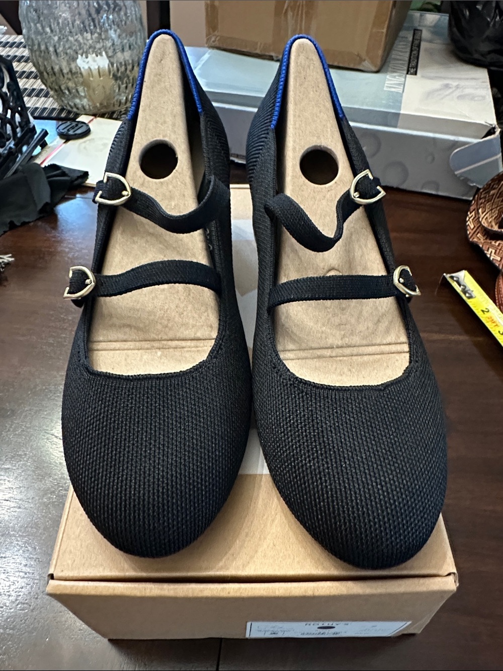 Rothy's Black Double-Strap Mary Jane Flats with Gold Buckles